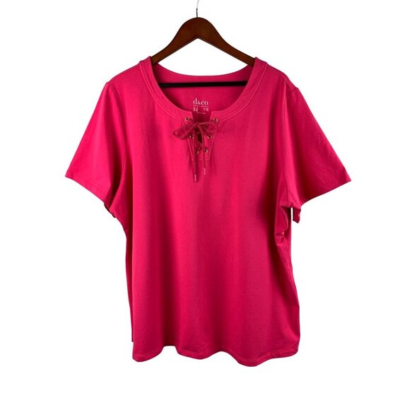 D & Co. Womens Plus Size 3X Pink Lace-Up Neck Short Sleeve T-Shirt - Picture 1 of 4